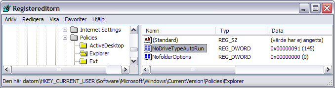 Vrdet NoDriveTypeAutoRun i Windows-registret