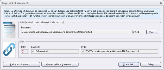 Dialogrutan ''Skapa länk till dokument
