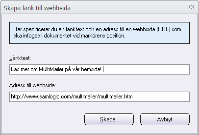 Dialogrutan 'Skapa länk till webbsida'