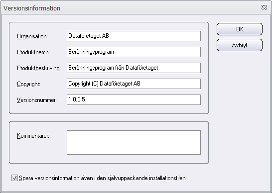 Dialogrutan 'Versionsinformation' i Visual Installer