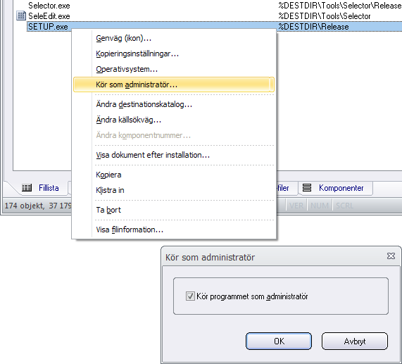 Från Visual Installer kan du ange om ett program ska köras med administratörsrättigheter