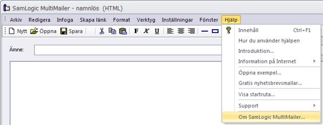 Menyalternativet 'Om SamLogic MultiMailer'