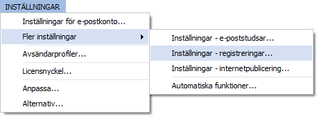 Meny med Inställningar - registreringar markerad