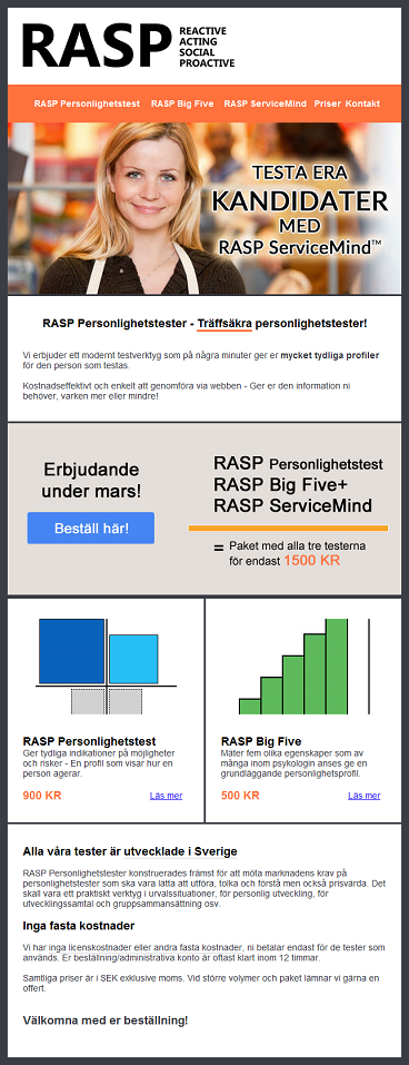 Exempel på ett nyhetsbrev med information om RASP Personlighetstest som Novae Veritates har skickat till sina kunder