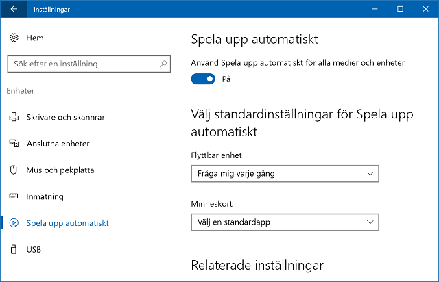 Inställningar - Spela upp automatiskt