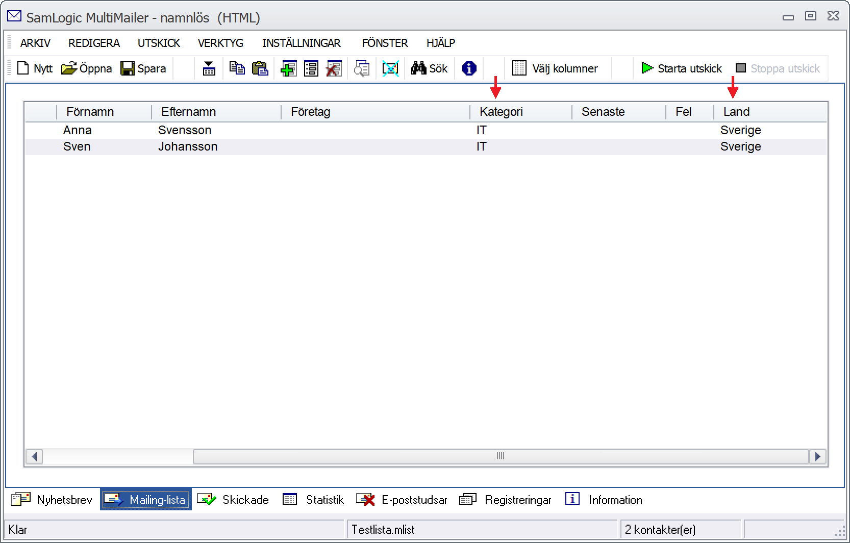 MultiMailer - Med kolumnerna 'Kategori' och 'Land' synliga