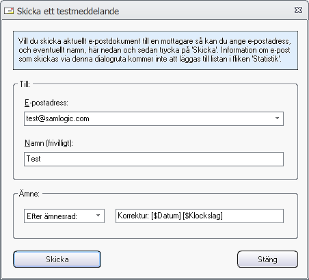 Dialogrutan 'Skicka ett testmeddelande' - Med datafält