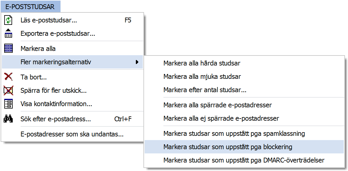 Menyn 'E-poststudsar - Fler markeringsalternativ'