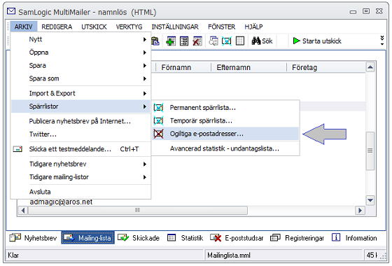 Bilden visar menyvalet 'Arkiv' - 'Spärrlistor' - 'Ogiltiga e-postadresser'