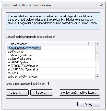 Dialogrutan Lista med ogiltiga e-postadresser