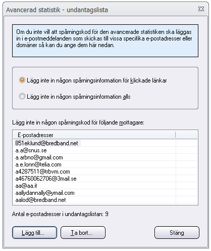 Dialogrutan Avancerad statistik - undantagslista