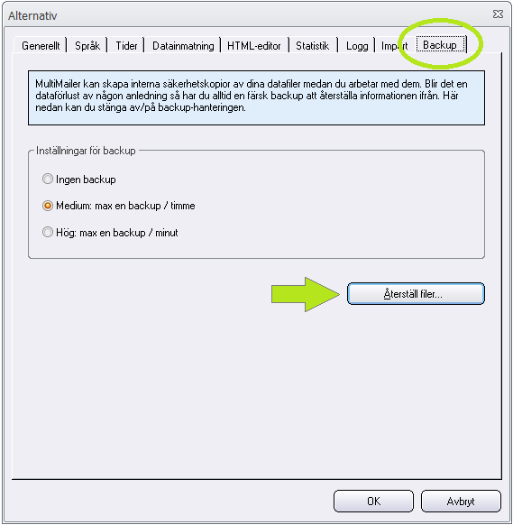 Dialogrutan 'Alternativ' - fliken 'Backup'.