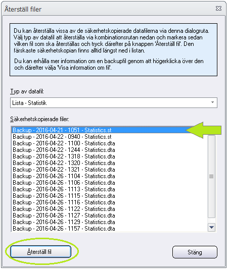 Lista med säkerhetskopierade filer