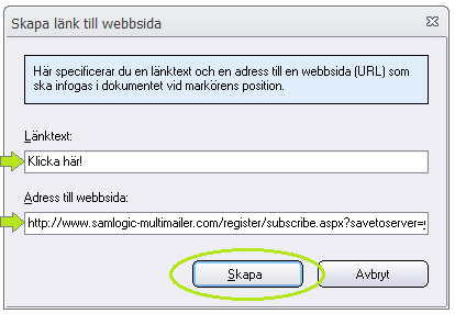 Dialogrutan Skapa länk till webbsida