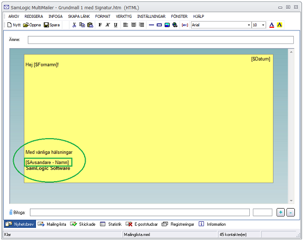 Visar hur det ser ut när avsändarfältet infogats i signaturmallen