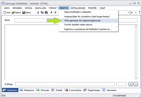 Menyalternativet Verktyg - HTML-generator för registreringsformulär