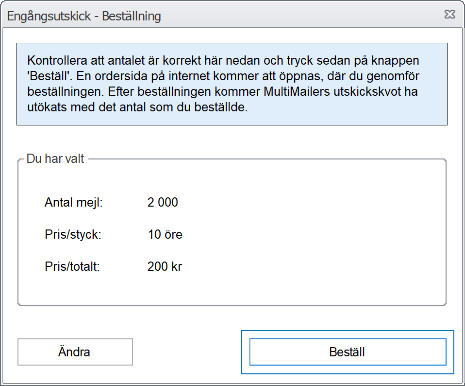 Dialogrutan 'Engngsutskick - Bestllning'