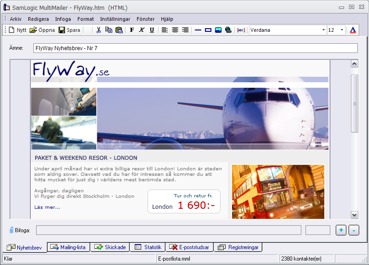MultiMailer med ett nyhetsbrev för ett flygbolag öppnat. Klicka på bilden för att se hela nyhetsbrevet.