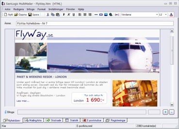 MultiMailer med ett nyhetsbrev fr ett flygbolag ppnat. Klicka p bilden fr att se hela nyhetsbrevet.
