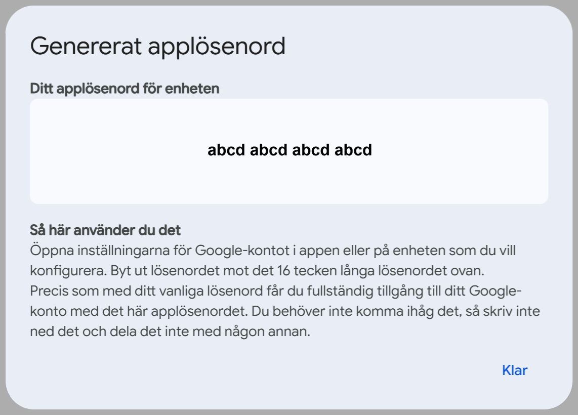 Genererat applikationsl�senord