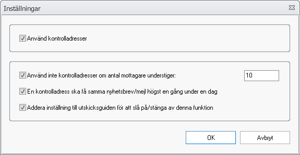 Kontrolladresser - Instllningar