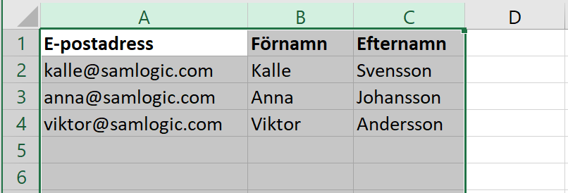 Excel - Tre markerade kolumner med data