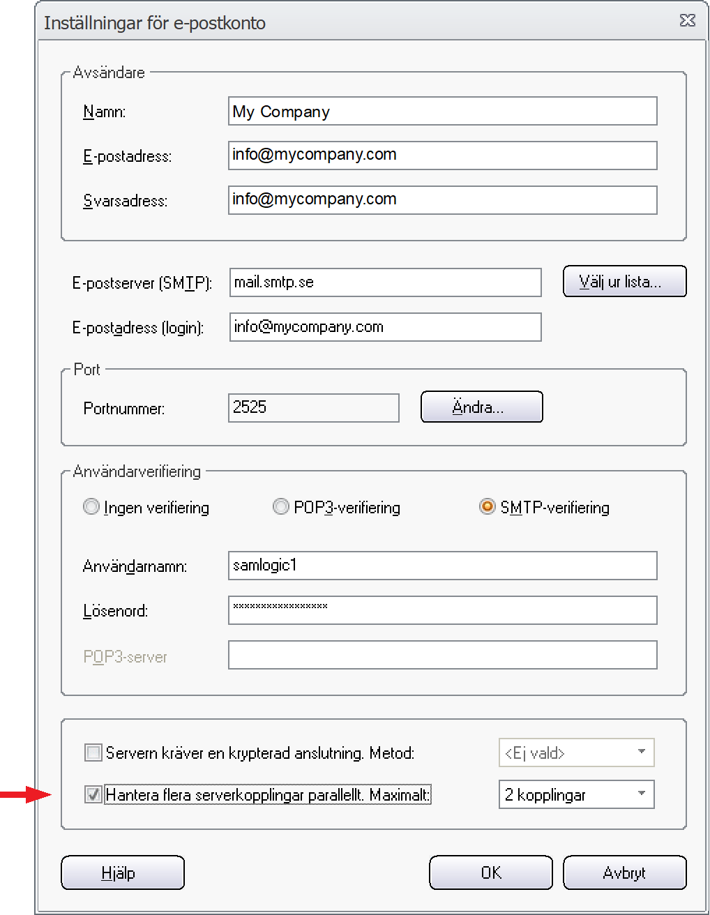 Dialogrutan 'Instllningar fr e-postkonto'