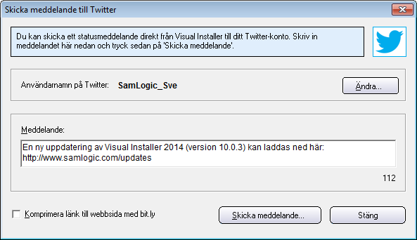 Dialogrutan 'Skickade meddelande till Twitter' i installationsverktyget Visual Installer